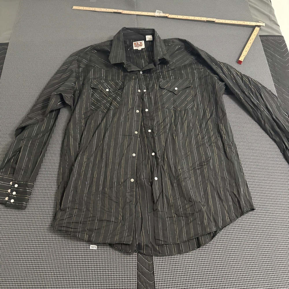 Ely Cattleman‎ Mens XL Western Snap Shirt Black Gold Silver Metallic Pinstripe
